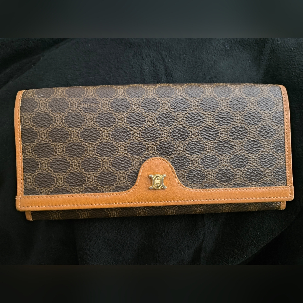 Celine Long Wallet Clutch Brown and Tan Clutch with Gold Accent